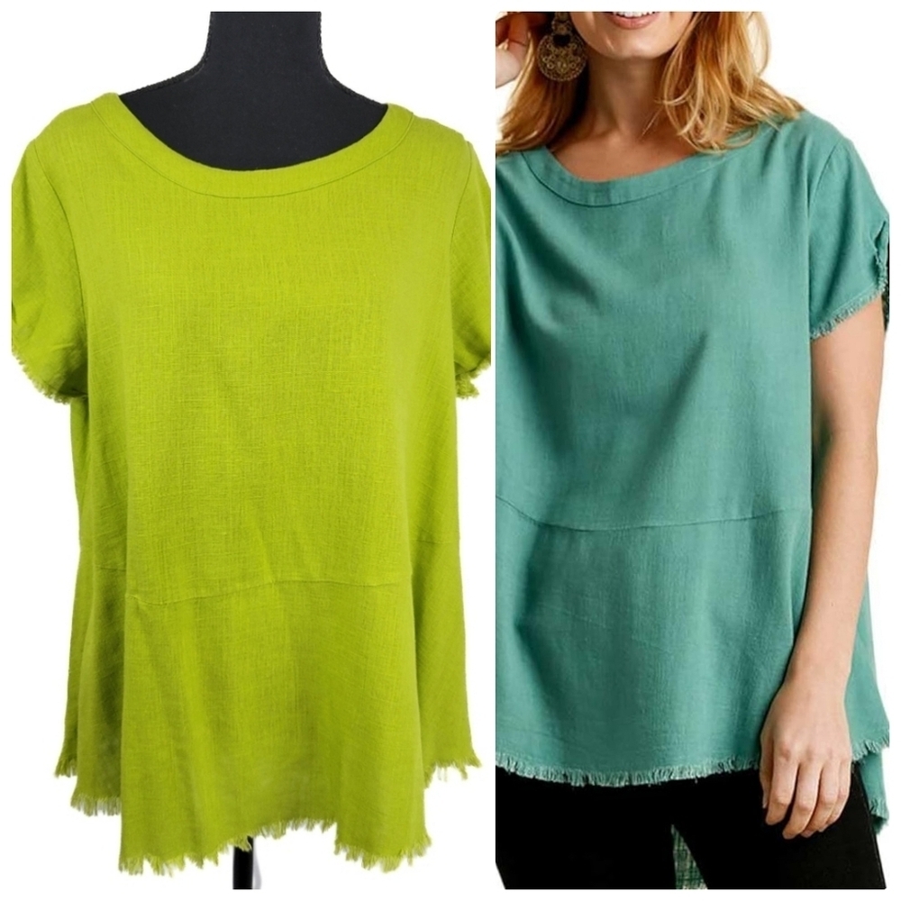 🔥 (5for$35) UMGEE Short Sleeve Raw Hem Green Linen Rayon Tunic Top